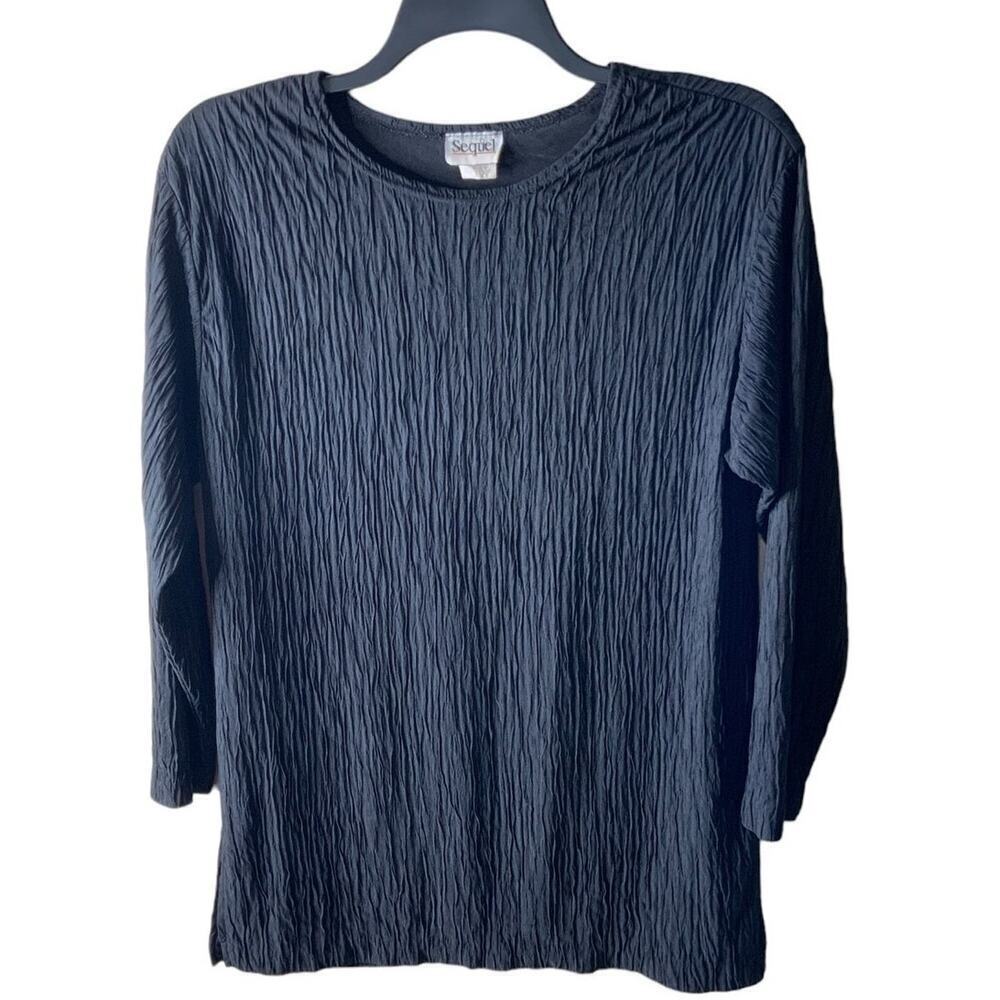 Sequel Black Crinkle Vintage Tunic Top Women L Long Sleeve Round Neck Casual USA